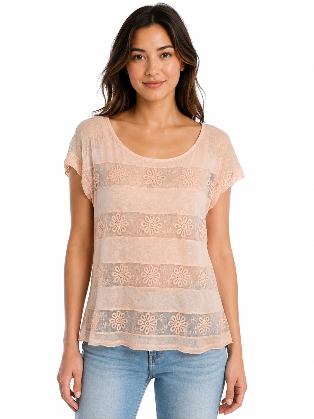 Free People Blush Pink Embroidered Mesh Floral Top Size Small